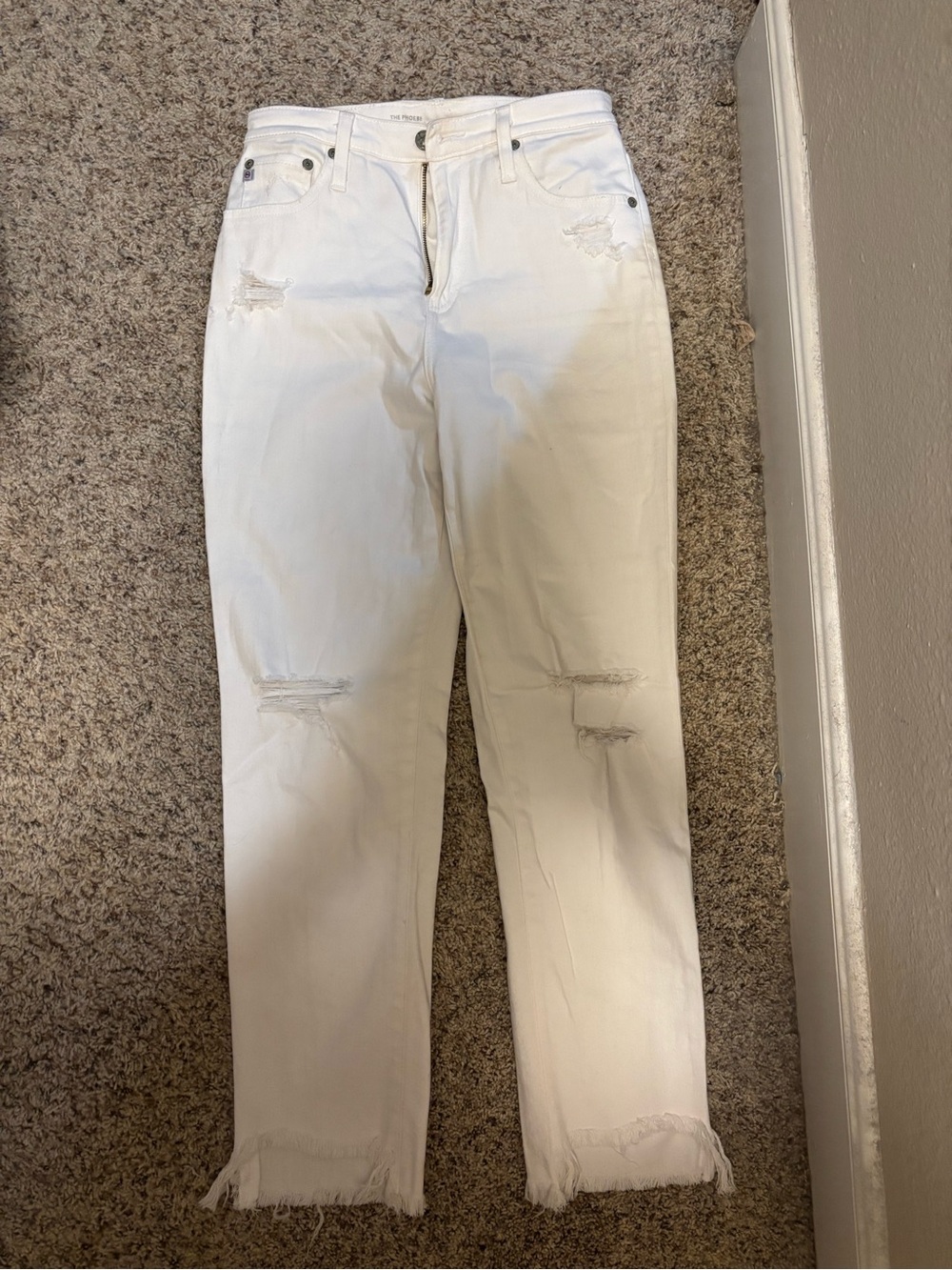 Ag Adriano Goldschmied White Straight Leg Distressed Jeans
